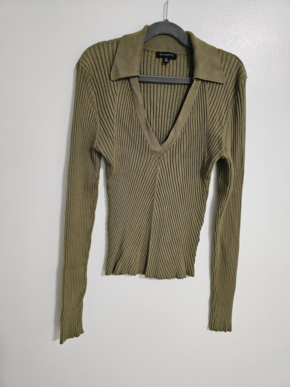Dynamite Olive Ribbed V-Neck Collared Long Sleeve Top Size Small